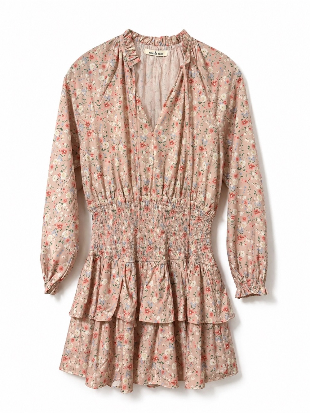 Emmie Rose Floral Smocked Mini Dress Pink Ruffle Neck Tiered Boho Size S NWT